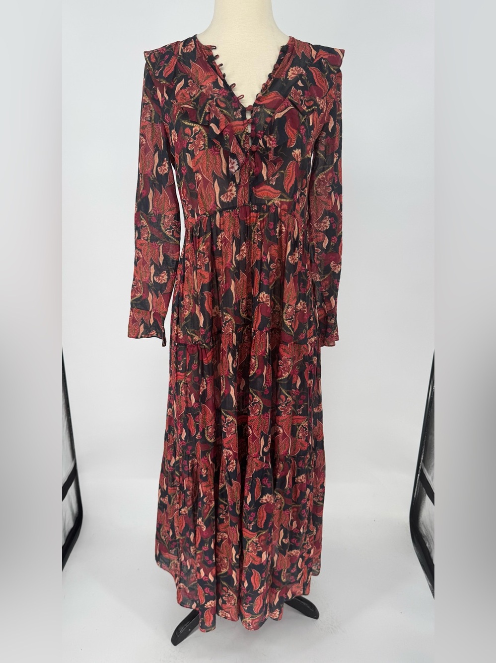 Doen whimsy, Boho bohemian Burgundy & Black Floral Ruffle Maxi Dress